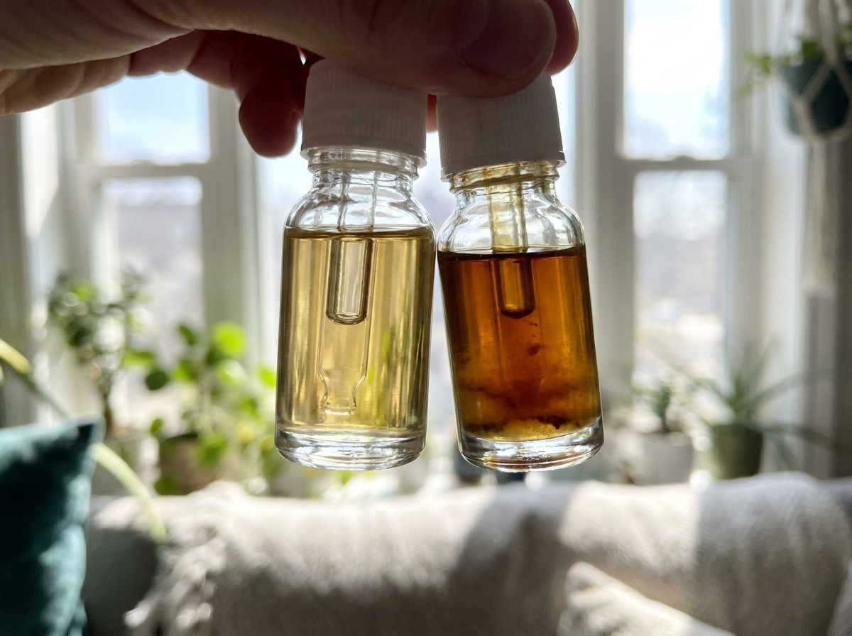 Comparing a fresh e-liquid with a darkened, separated expired e-liquid against the light
