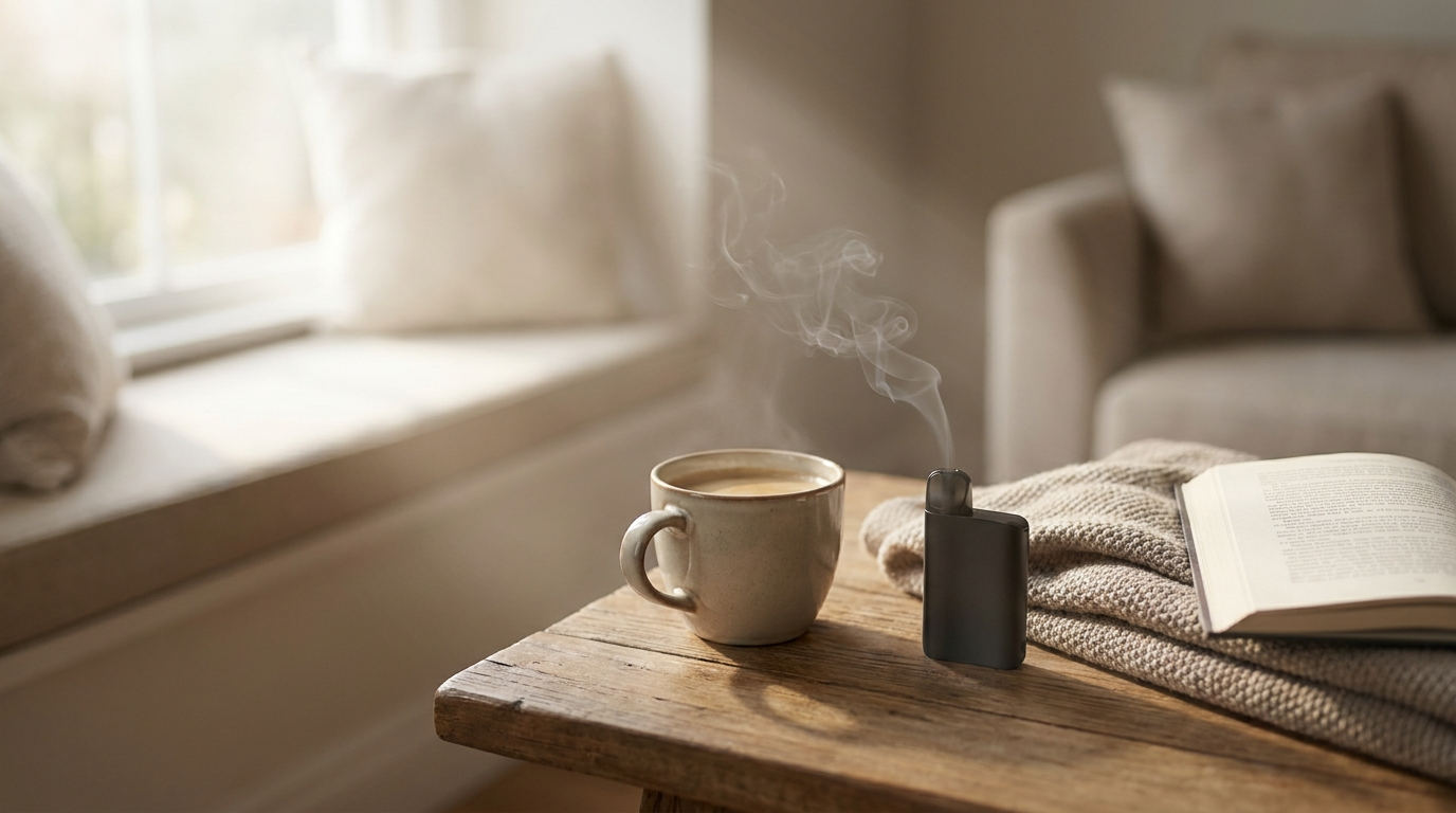 A pod vape and morning coffee by a bright window