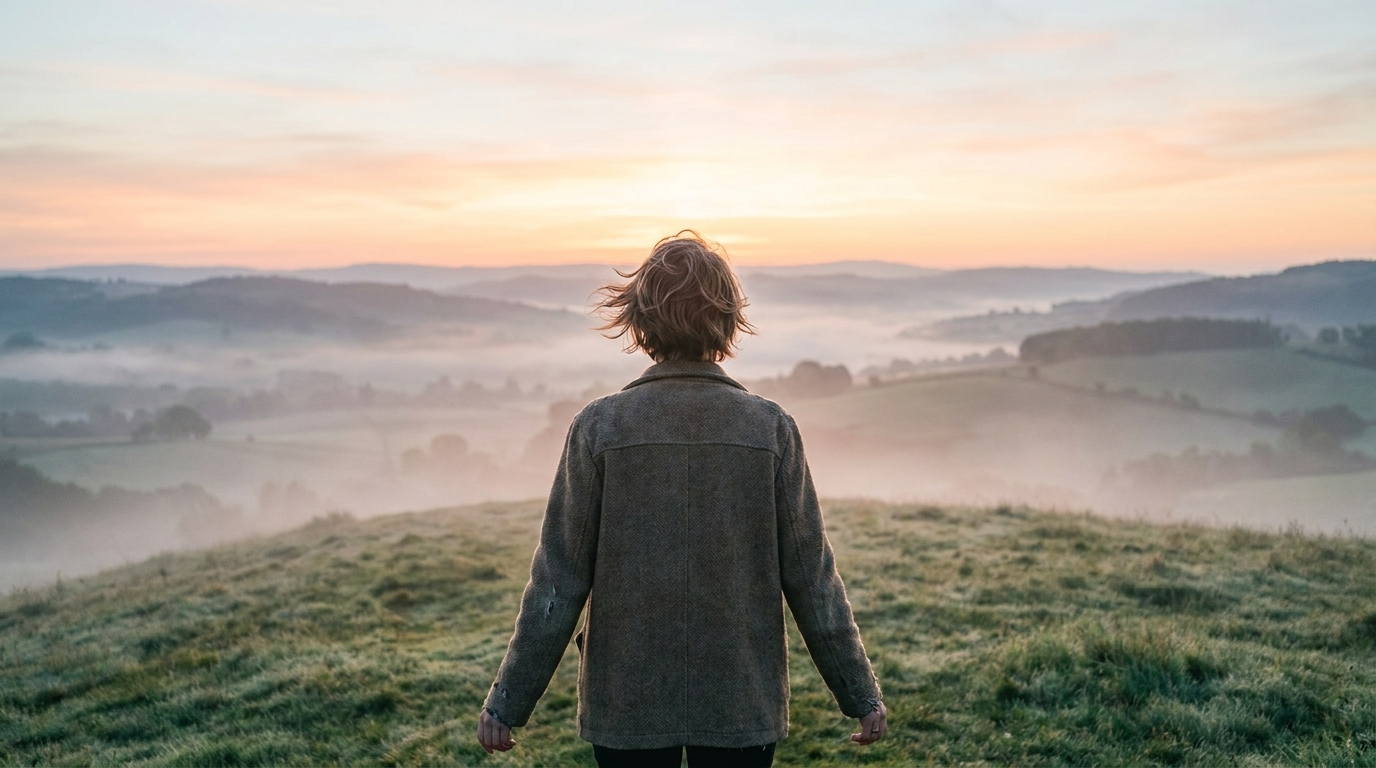 A person breathing fresh morning air on a hilltop at sunrise: a fresh start