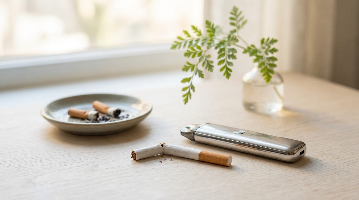 A snapped cigarette and an ashtray next to a modern vape, a fresh start for ex-smokers