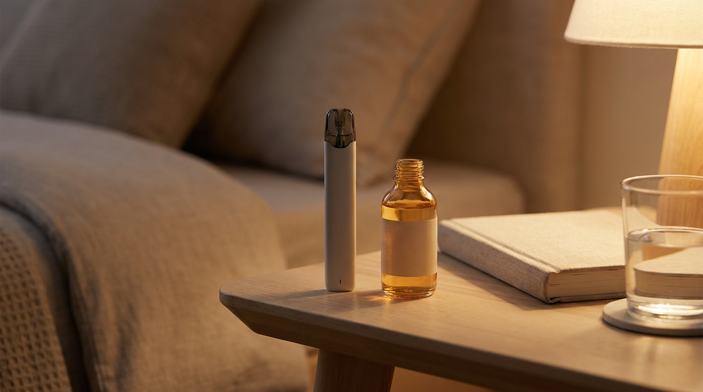 A pod vape and 10ml e-liquid bottle on a bedside table