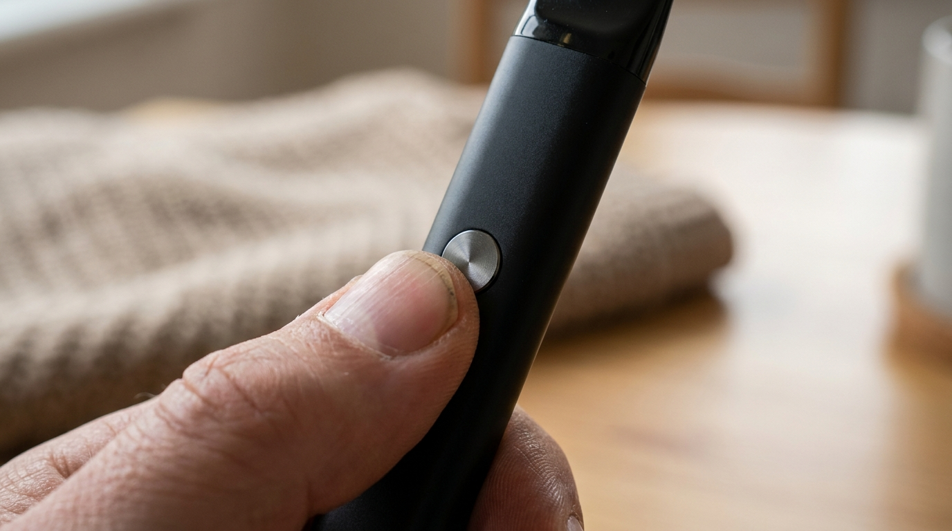 A thumb clicking the fire button on a pod vape