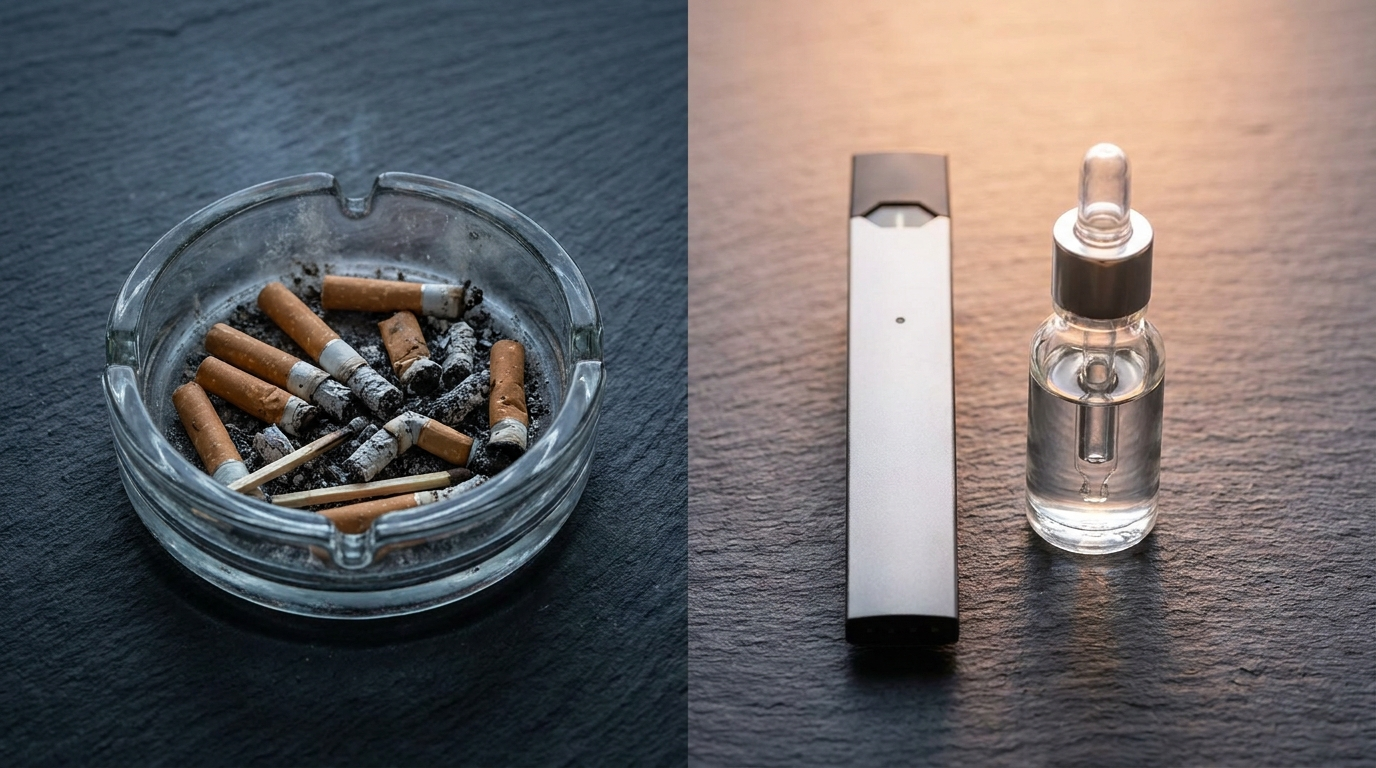 A dirty ashtray full of cigarette butts next to a clean pod vape and e-liquid bottle