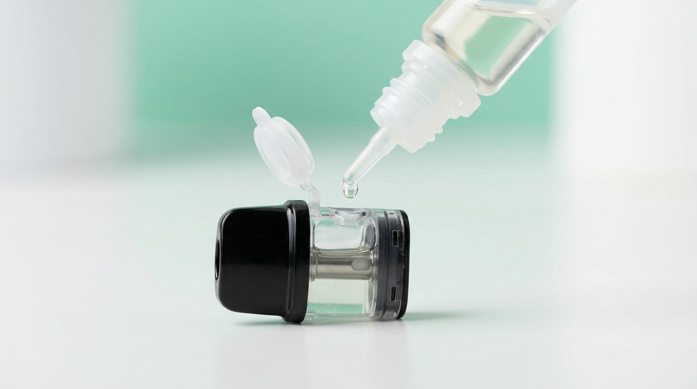 Refilling a 2ml vape pod through its top-fill port from a 10ml E-Liquid bottle