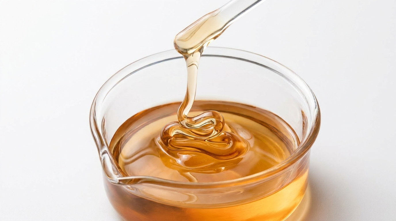 Thick golden vegetable glycerine pouring slowly into a glass dish