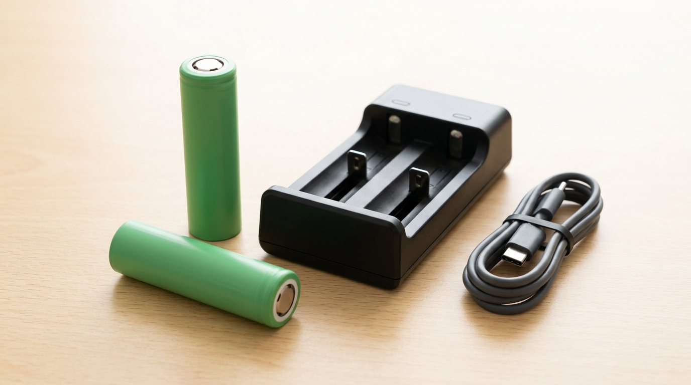 Two 18650 vape batteries with intact wraps next to an external charging dock