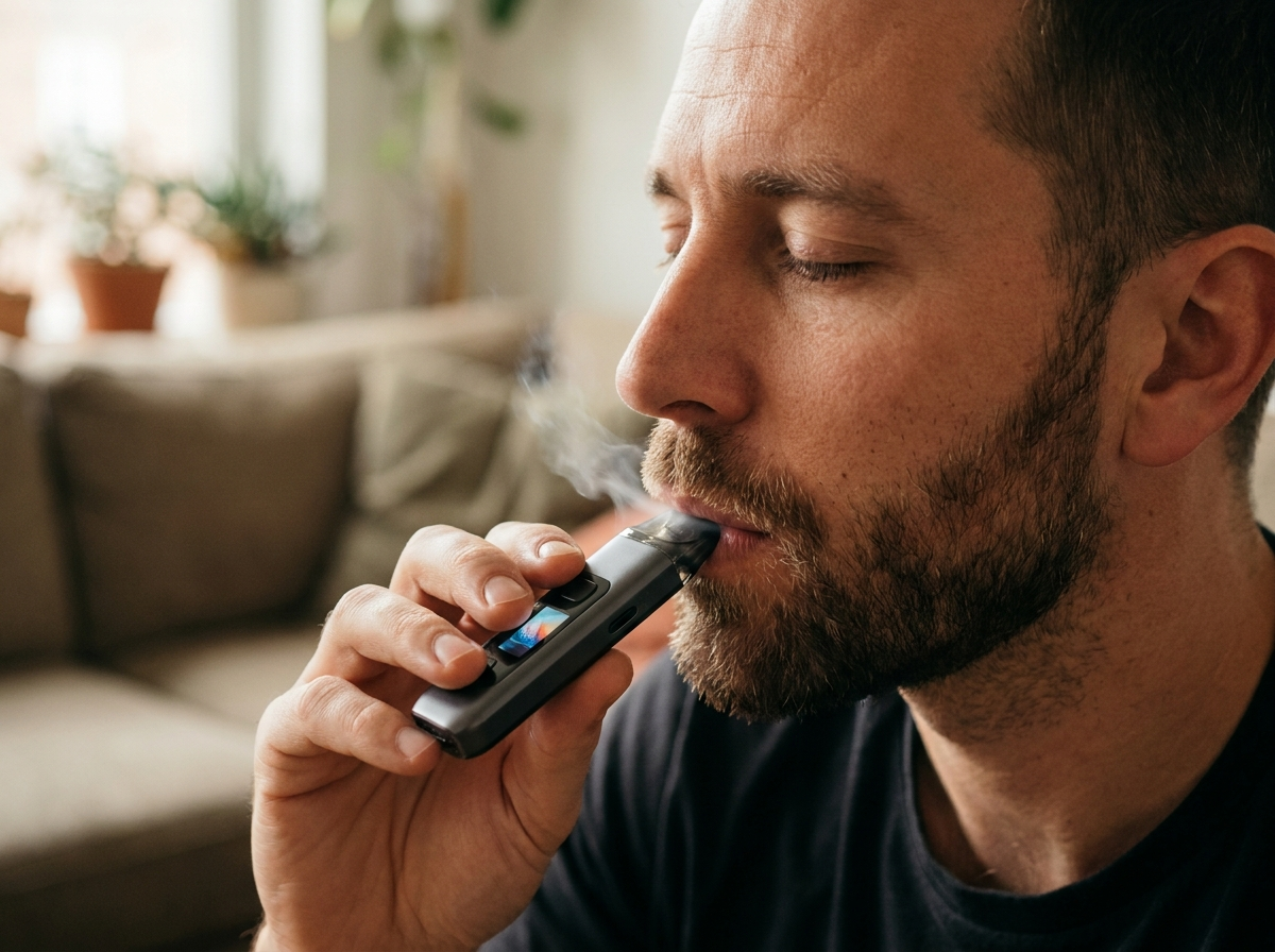A vaper taking a deep direct-to-lung draw from a pod vape