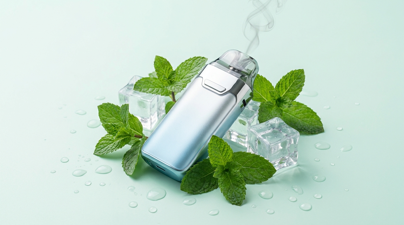 A modern refillable pod vape among fresh mint leaves and ice, the menthol alternative to cigarettes