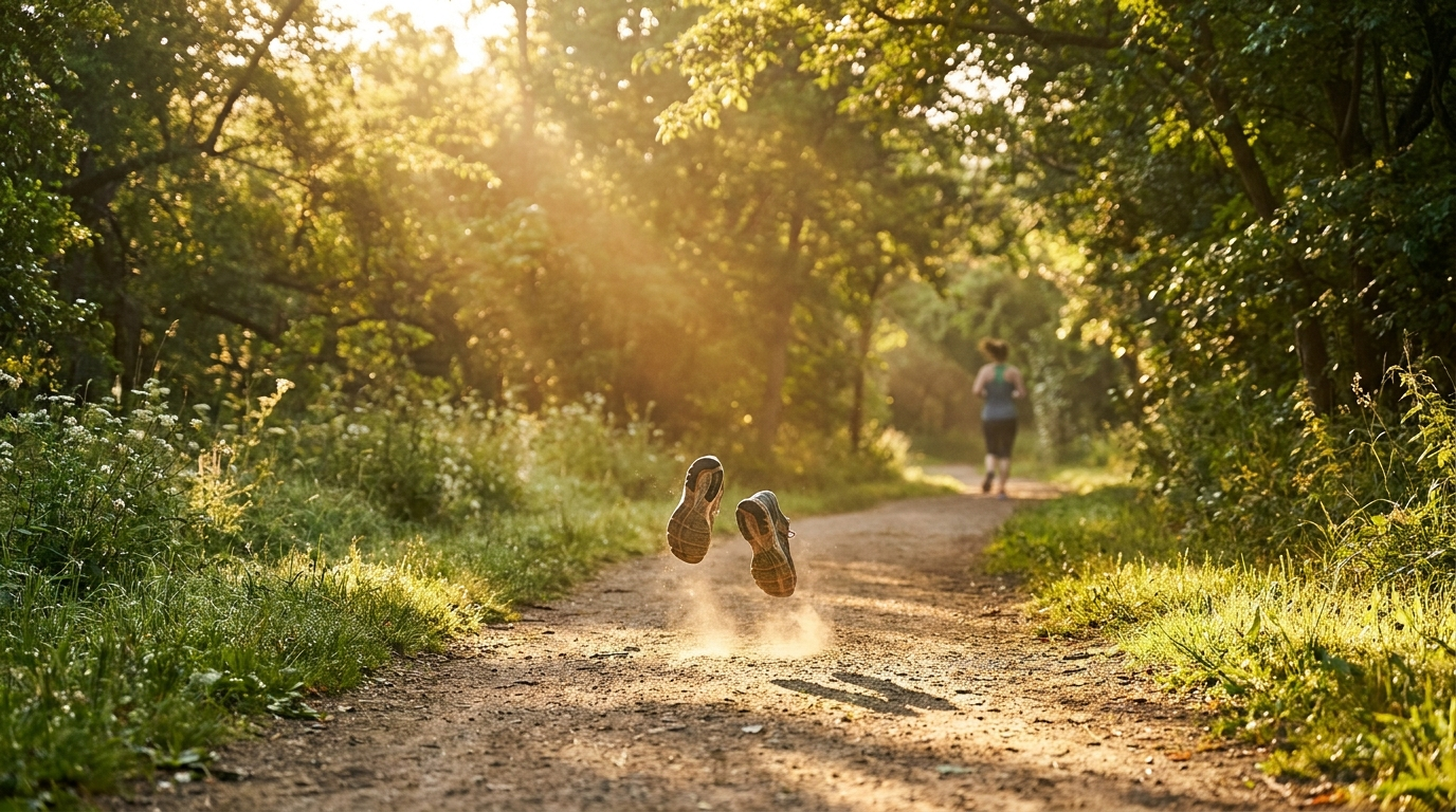 A woman jogging through a sunny park, breathing easily after quitting smoking
