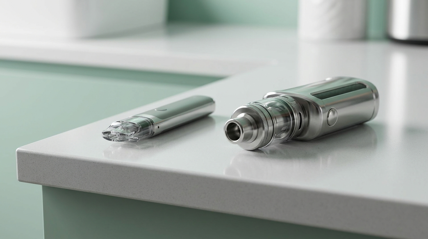 A compact pod system next to a larger sub-ohm mod and tank, showing the size difference