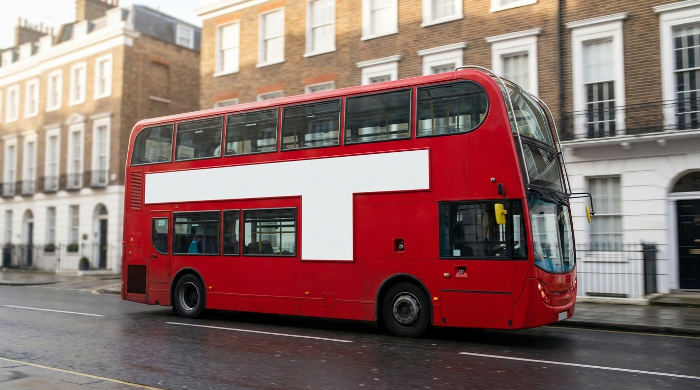 A London bus with an empty advertising panel, representing vape advertising restrictions