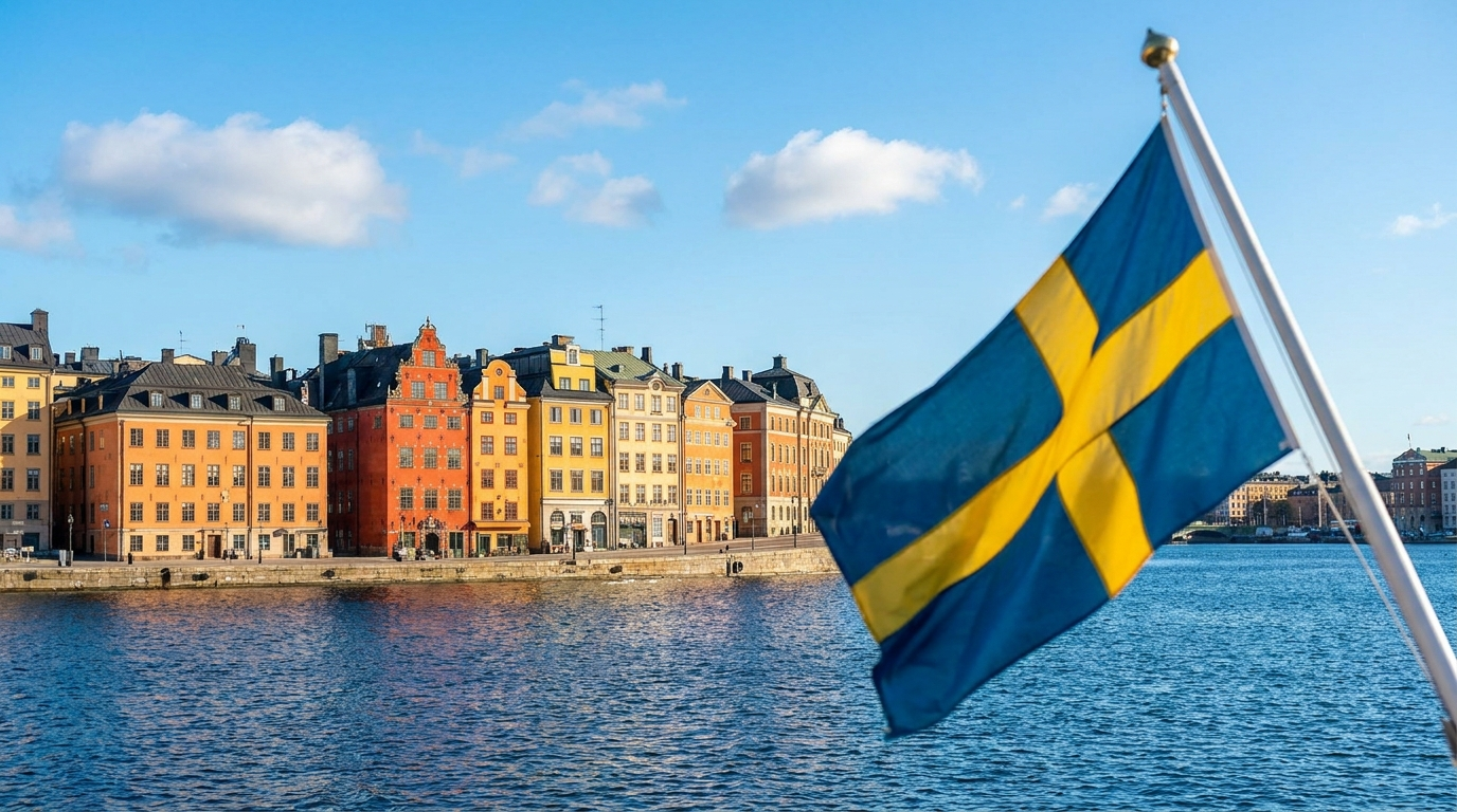 Stockholm's waterfront with the Swedish flag, on the verge of becoming smoke-free