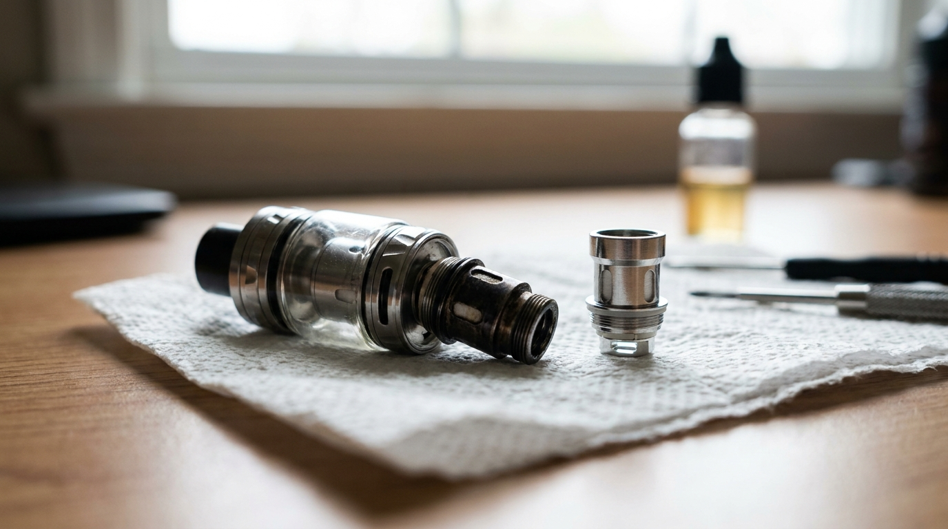 Swapping an old vape coil for a new one over a paper towel