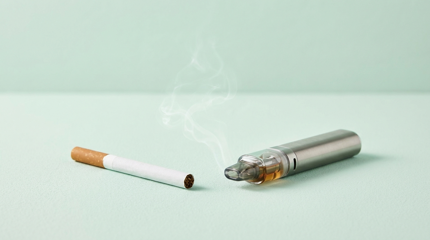 A cigarette beside a modern refillable pod vape, illustrating the harm comparison