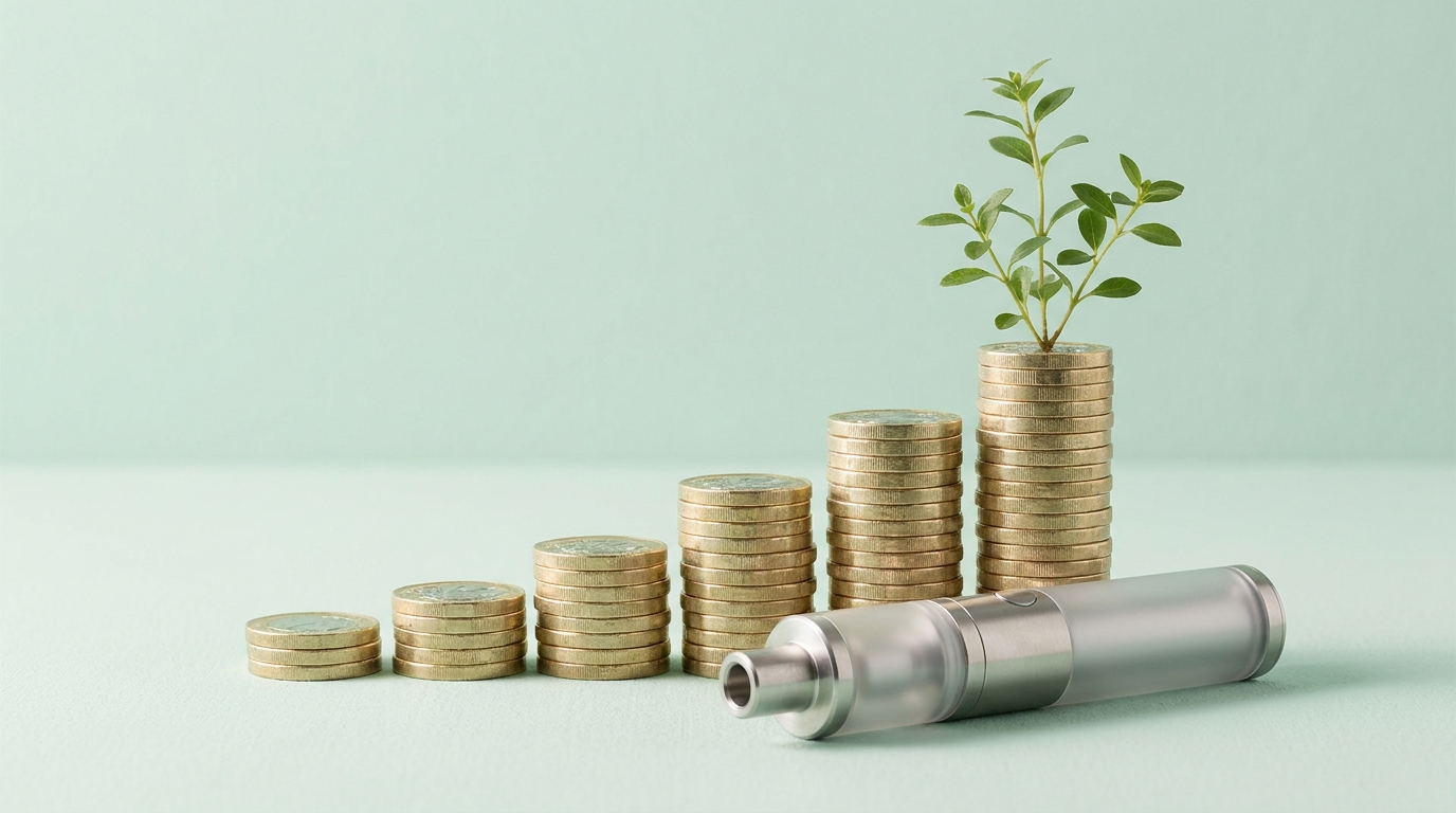 Stacks of pound coins growing like a bar chart with a small plant and a vape, showing long-term savings