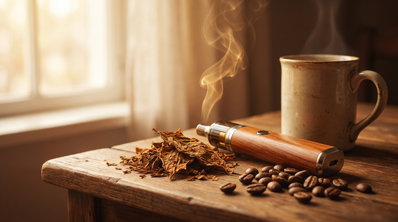 A modern vape device with tobacco leaves and coffee beans, the tobacco alternative to cigarettes