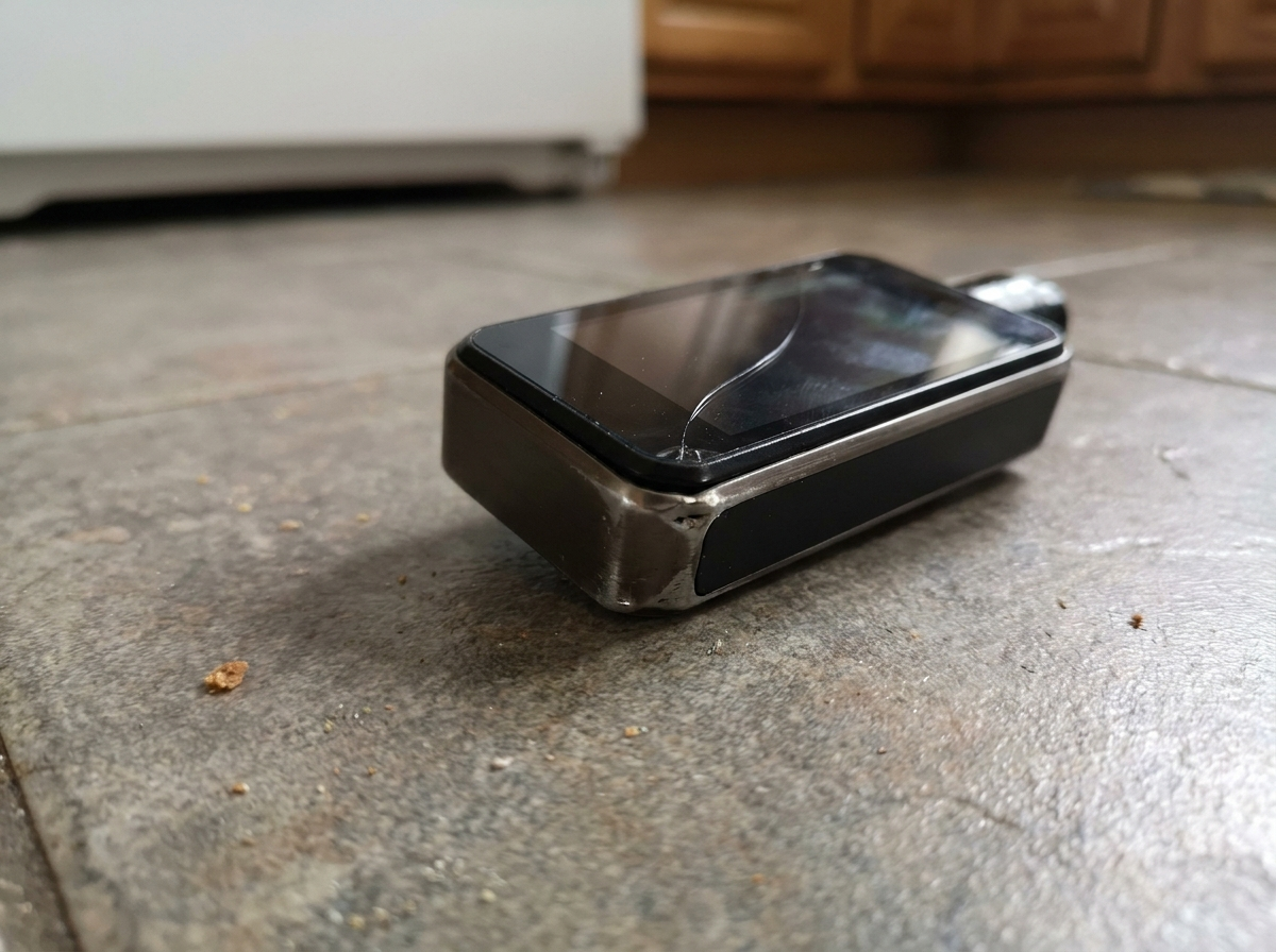 A dropped box mod with a cracked screen on the floor
