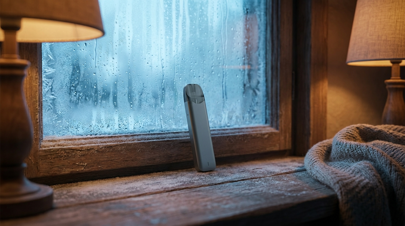 A pod vape on a windowsill by a frosty window: cold weather drains vape batteries