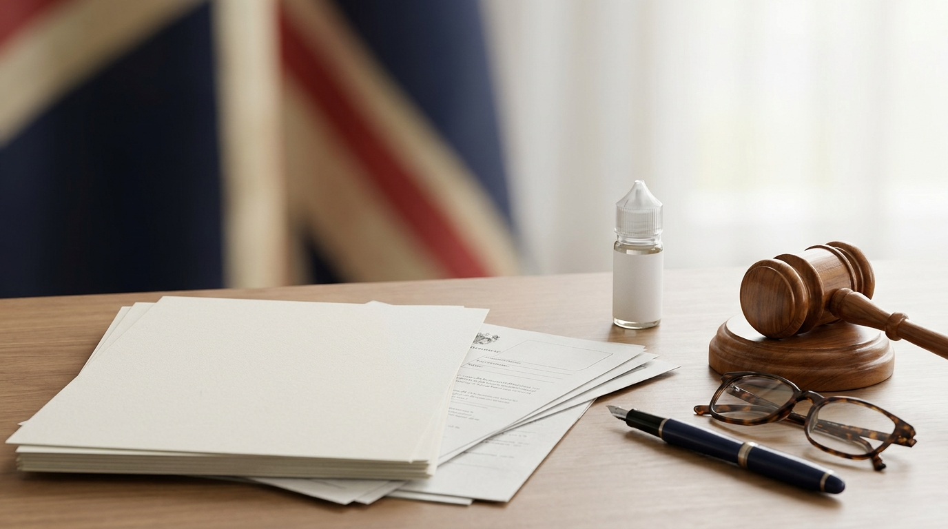 Official documents and an E-Liquid bottle on a desk, representing UK TRPR regulation