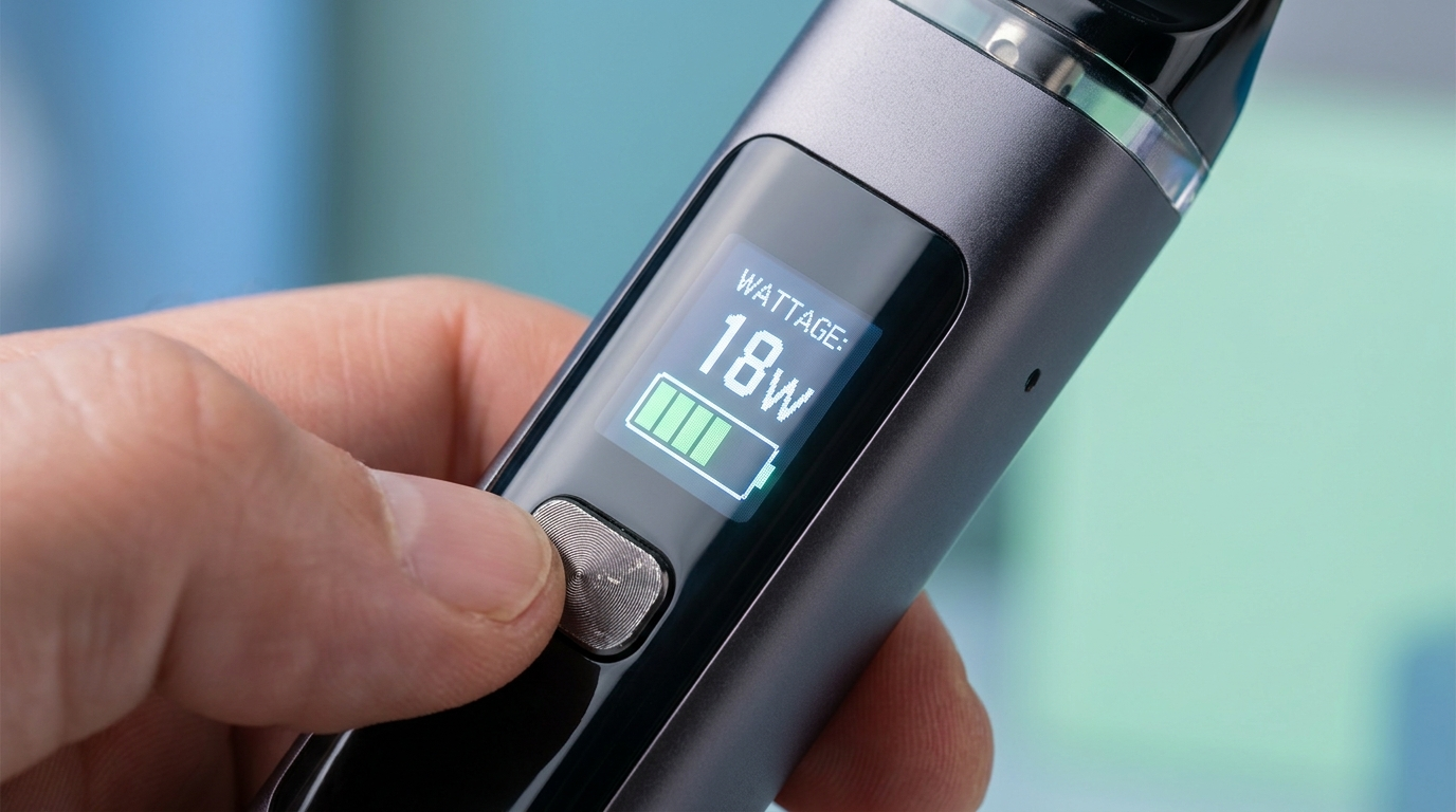 A vape kit's screen showing its power and coil resistance readout