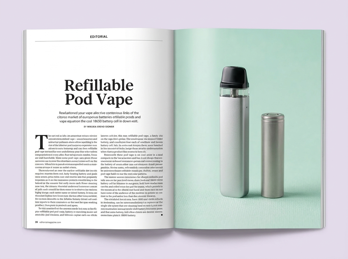 A modern pod vape device beside an 18650 battery cell