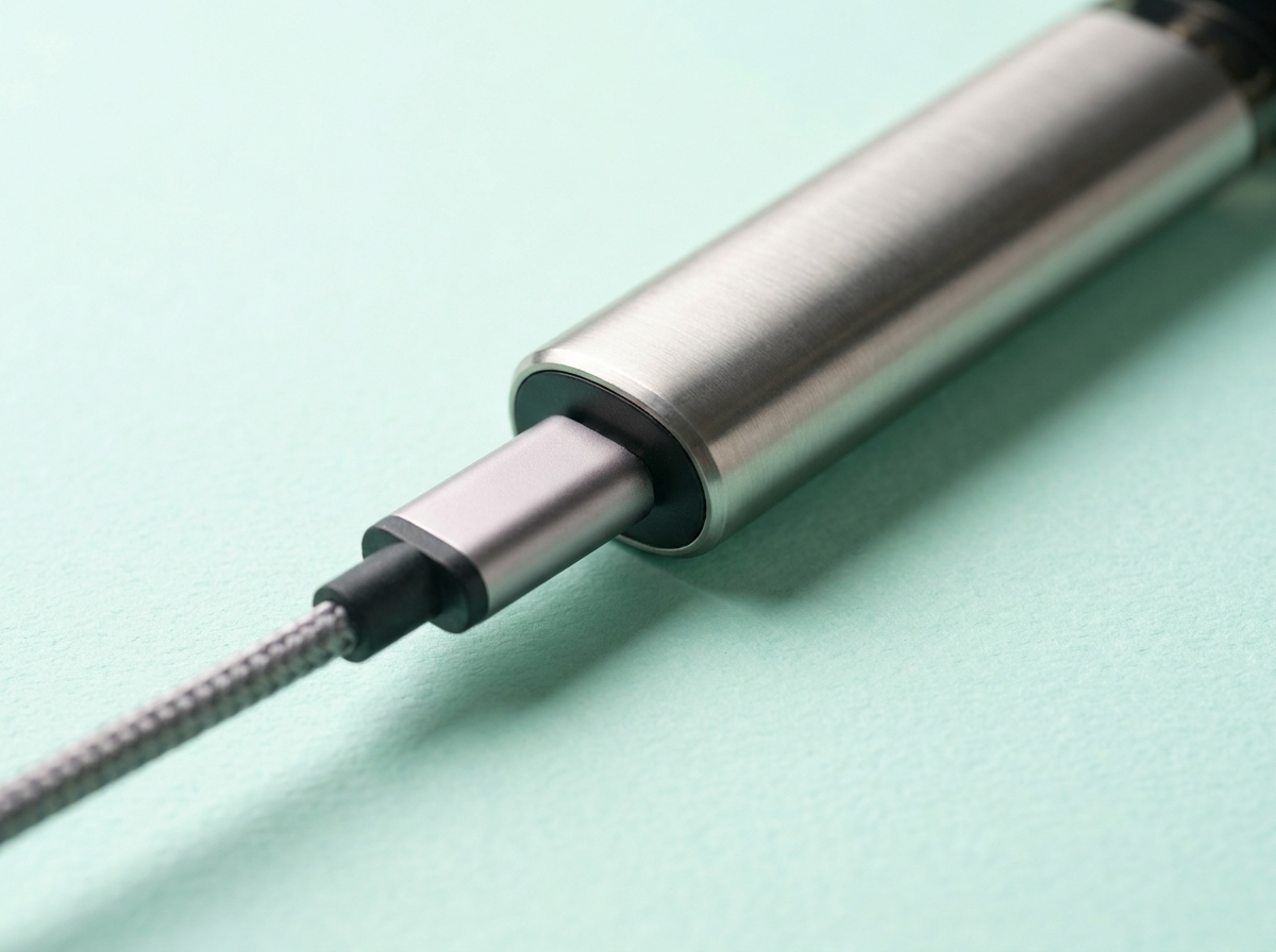 A USB-C cable charging a pod vape device at its charging port