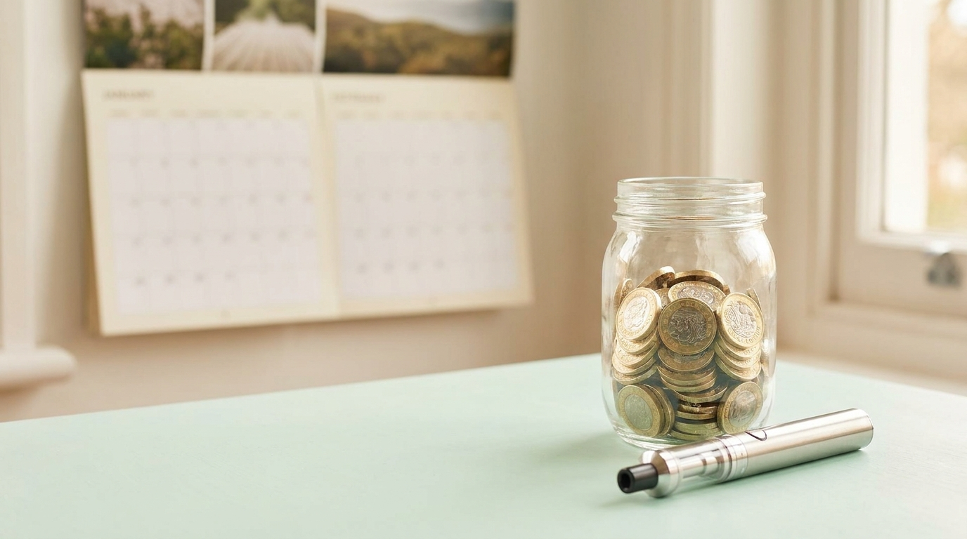 A jar filling with pound coins beside a vape, showing the money saved by switching to vaping