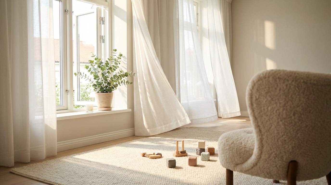A bright smoke-free family living room with windows open to fresh air