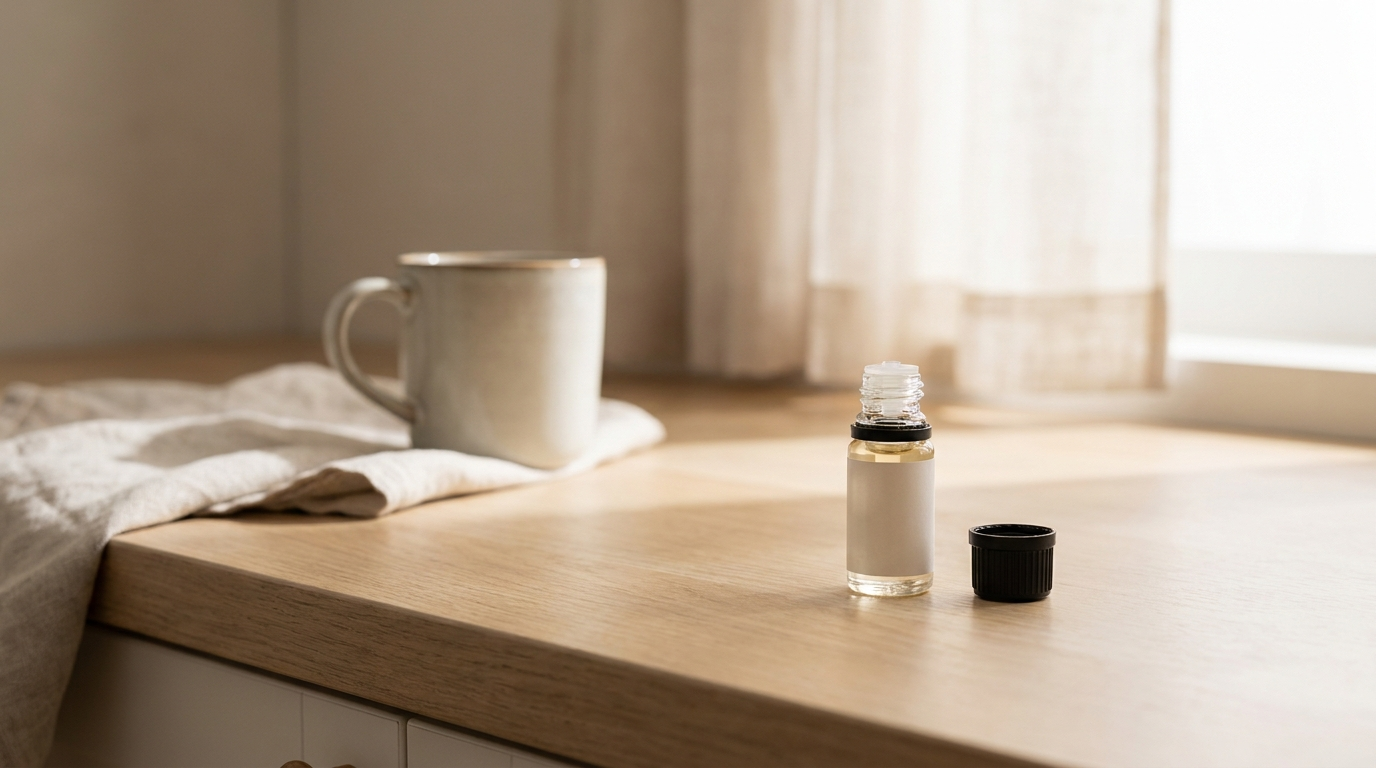 An opened 10ml e-liquid bottle left out on a kitchen counter