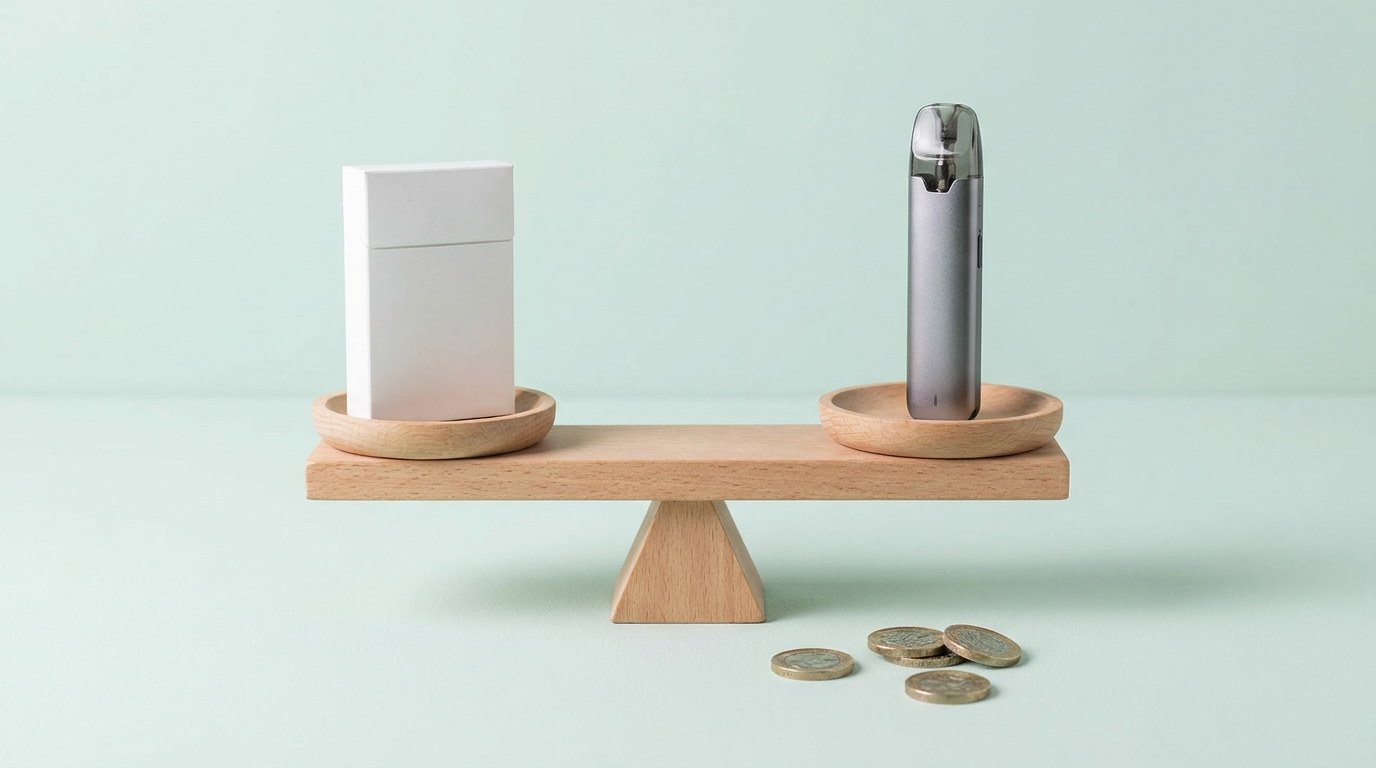A cigarette pack and a vape device balanced on a scale with pound coins, comparing the cost of smoking and vaping