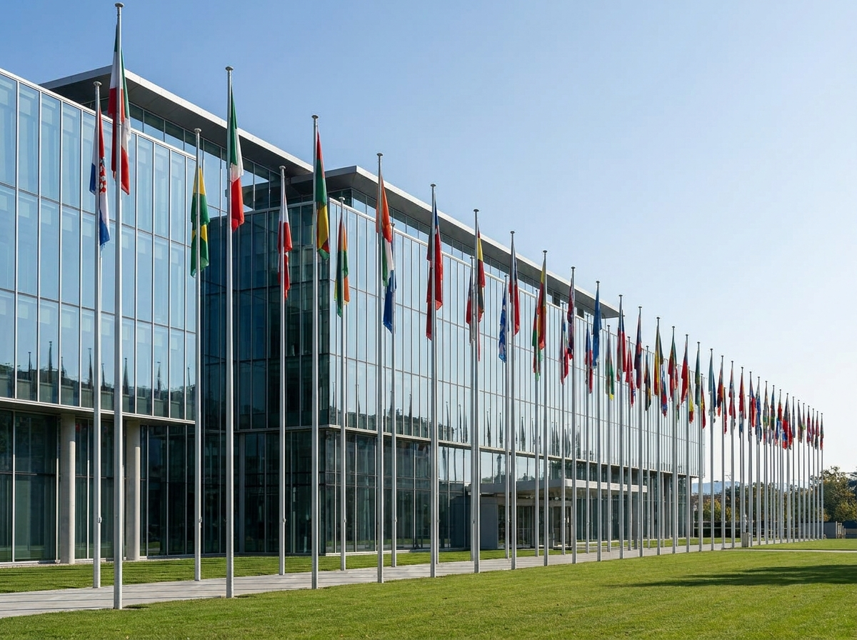 An international health institution building lined with national flags