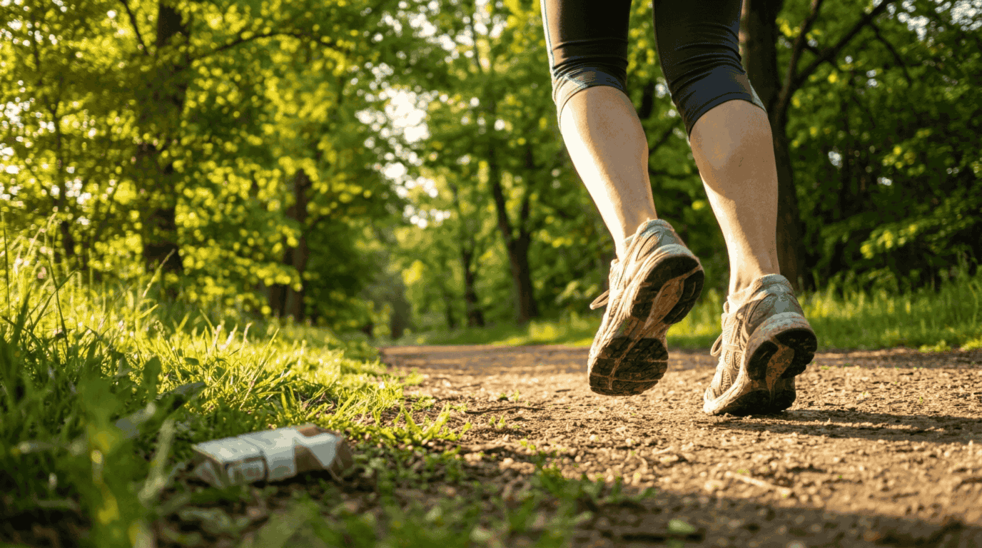 A jogger running along a sunny woodland path, leaving a discarded cigarette packet behind