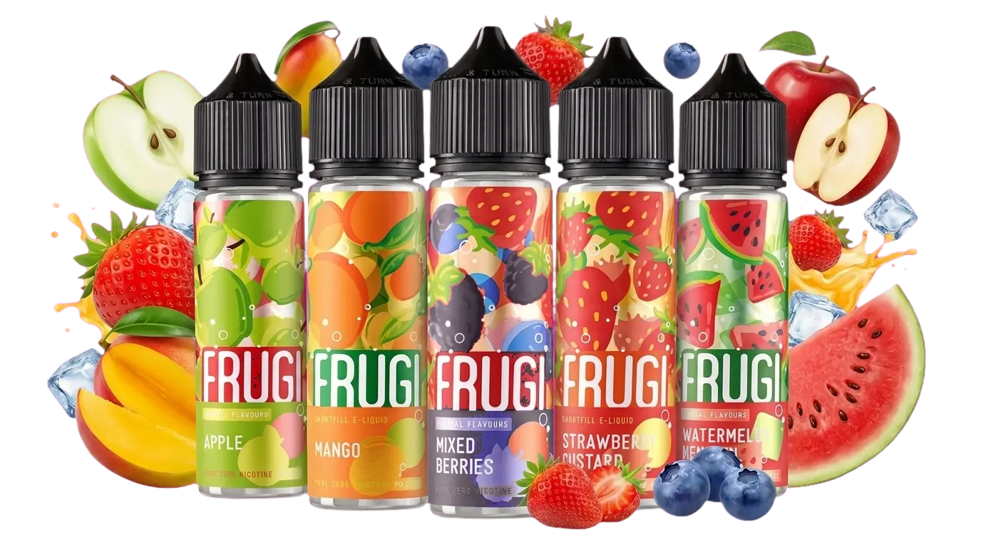 Five Frugi 50ml shortfill e-liquid bottles, Apple, Mango, Mixed Berries, Strawberry Custard and Watermelon Menthol, with fresh fruit and ice