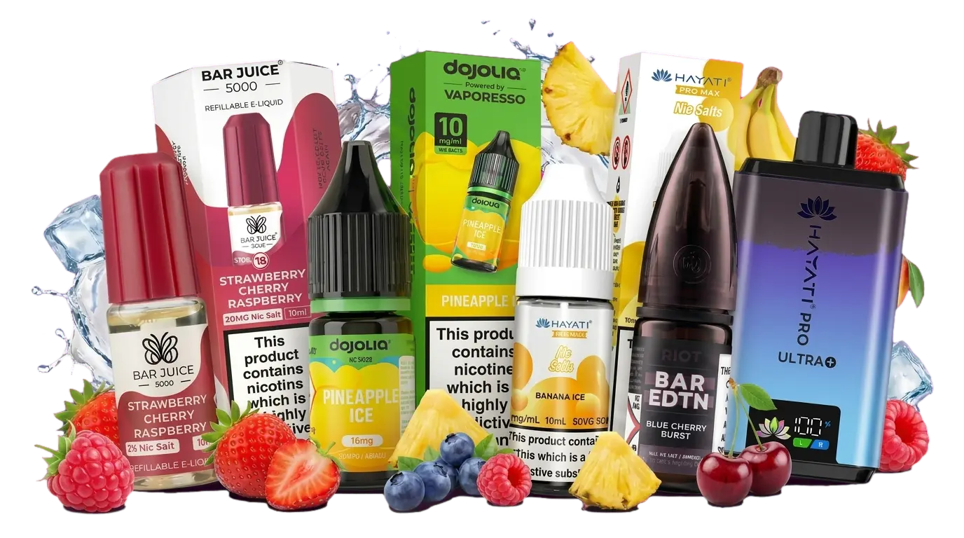 Bar Juice 5000, Dojoliq, Hayati and Riot Squad nic salt bottles with a Hayati Pro Ultra Plus 25K kit, surrounded by fresh fruit and ice