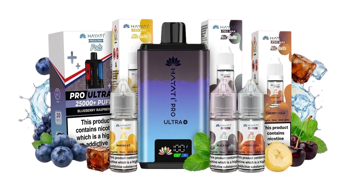 Hayati Pro Ultra Plus 25K prefilled vape kit with the Pro Ultra Plus pods box and Hayati Pro Max nic salt bottles in Banana Ice, Black Mint and Cherry Cola