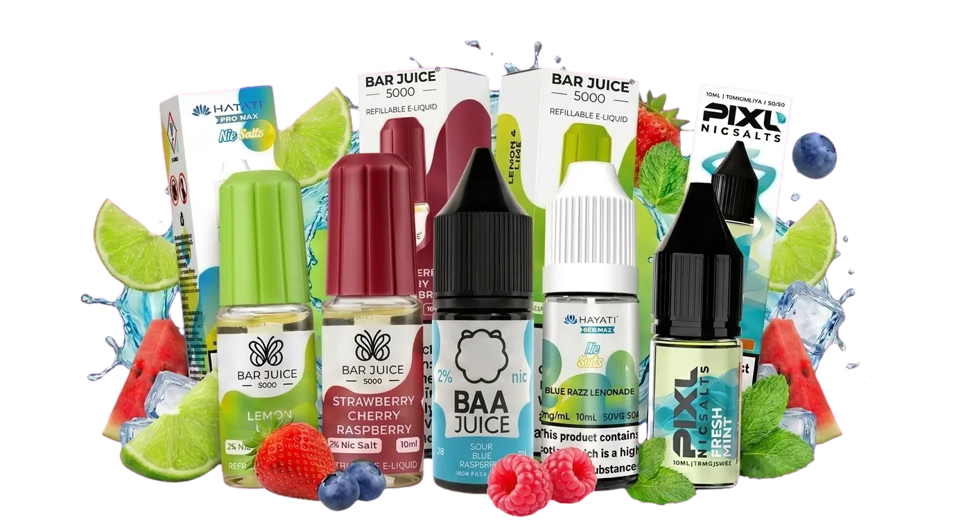 Bar Juice 5000, Baa Juice, Hayati and PIXL nic salt e-liquid bottles and boxes with fresh fruit and ice