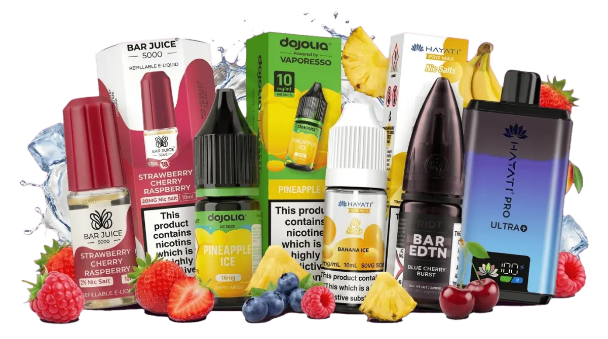 Bar Juice 5000, Dojoliq, Hayati and Riot Squad nic salt bottles with a Hayati Pro Ultra Plus 25K kit, surrounded by fresh fruit and ice