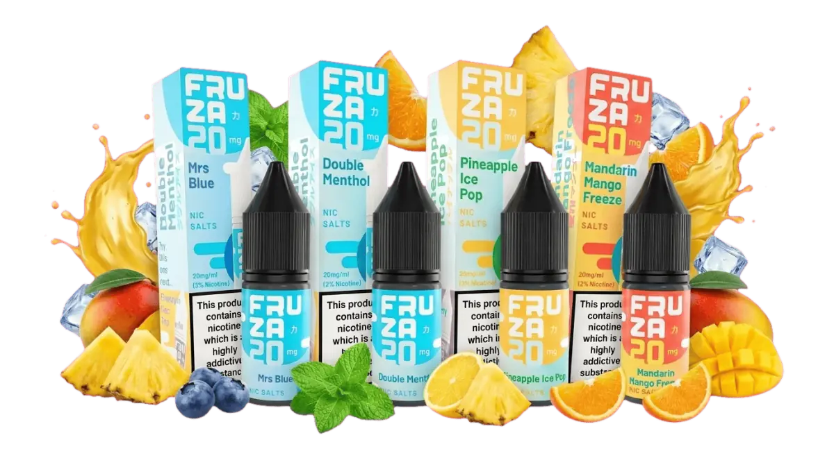 Fruza 10ml nic salt e-liquids in Mrs Blue, Double Menthol, Pineapple Ice Pop and Mandarin Mango Freeze with fresh fruit and ice