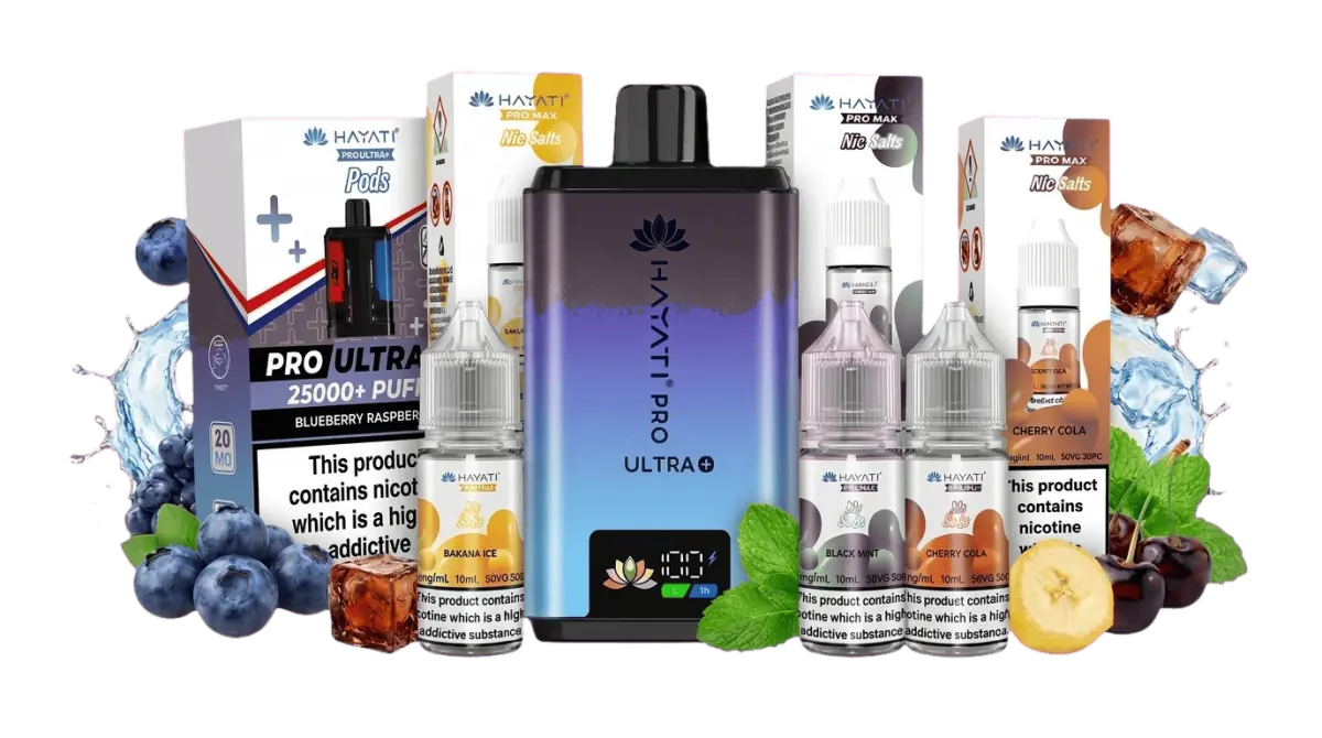 Hayati Pro Ultra Plus 25K prefilled vape kit with the Pro Ultra Plus pods box and Hayati Pro Max nic salt bottles in Banana Ice, Black Mint and Cherry Cola