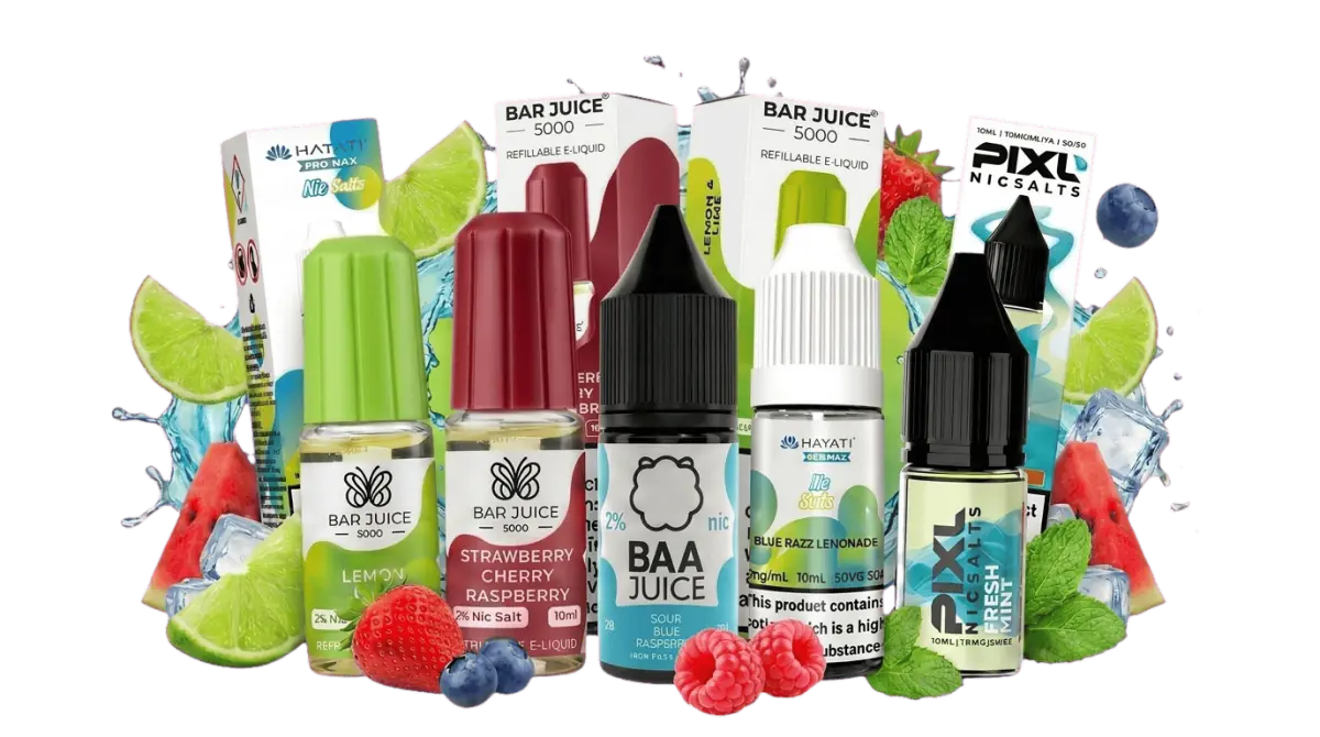 Bar Juice 5000, Baa Juice, Hayati and PIXL nic salt e-liquid bottles and boxes with fresh fruit and ice